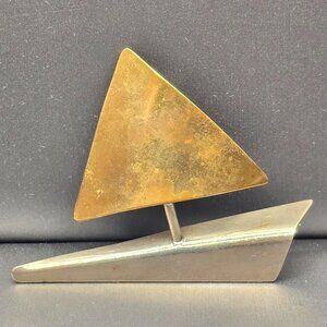 VTG Brass & Stainless-Steel Modernist Abstract Brooch Pin 2.25" Signed 00